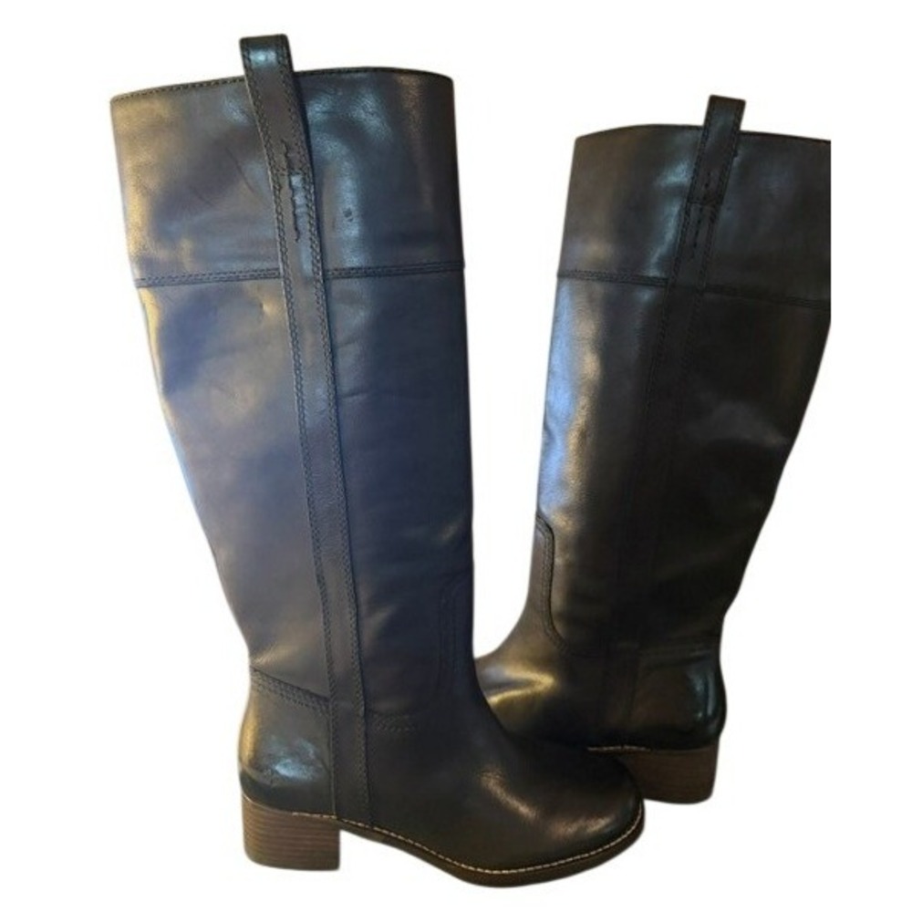 Lucky Brand Black Leather Riding Boots Knee High Round Toe Low Block Heel 8M